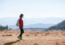자연 걷기 열풍, 건강한 삶을 위한 실천법 제시 a man with a backpack walking across a dry grass covered field